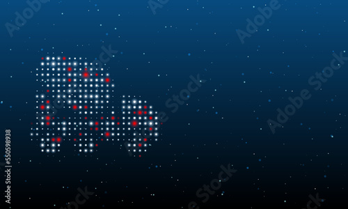 On the left is the concrete mixer truck symbol filled with white dots. Background pattern from dots and circles of different shades. Vector illustration on blue background with stars