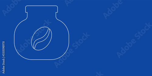 A large white outline instant coffee symbol on the left. Designed as thin white lines. Vector illustration on blue background
