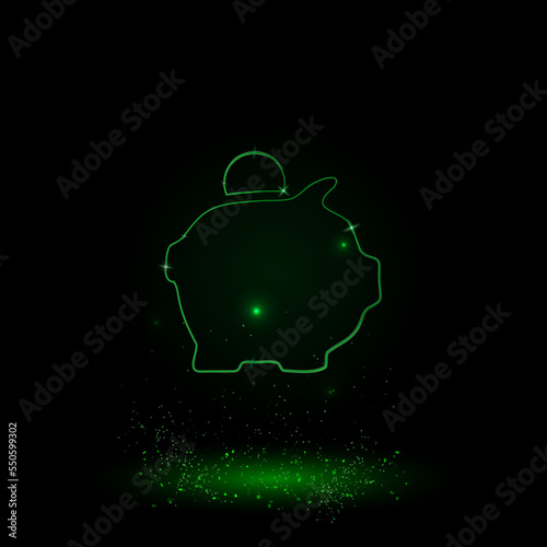 A large green outline piggy bank symbol on the center. Green Neon style. Neon color with shiny stars. Vector illustration on black background