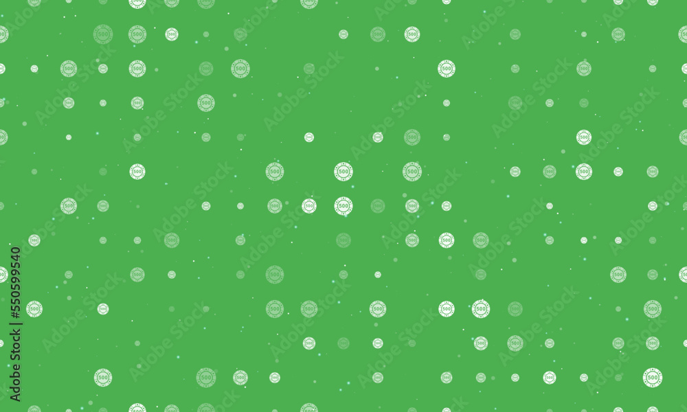Seamless background pattern of evenly spaced white poker chip symbols of different sizes and opacity. Vector illustration on green background with stars