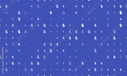 Seamless background pattern of evenly spaced white travel backpack symbols of different sizes and opacity. Vector illustration on indigo background with stars