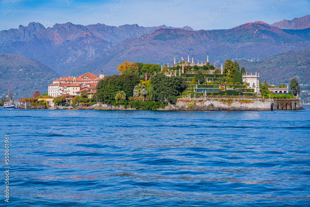 Lake Maggiore at Stresa, view over the lake to Isola Bella - island Bella in Italy, background the alps