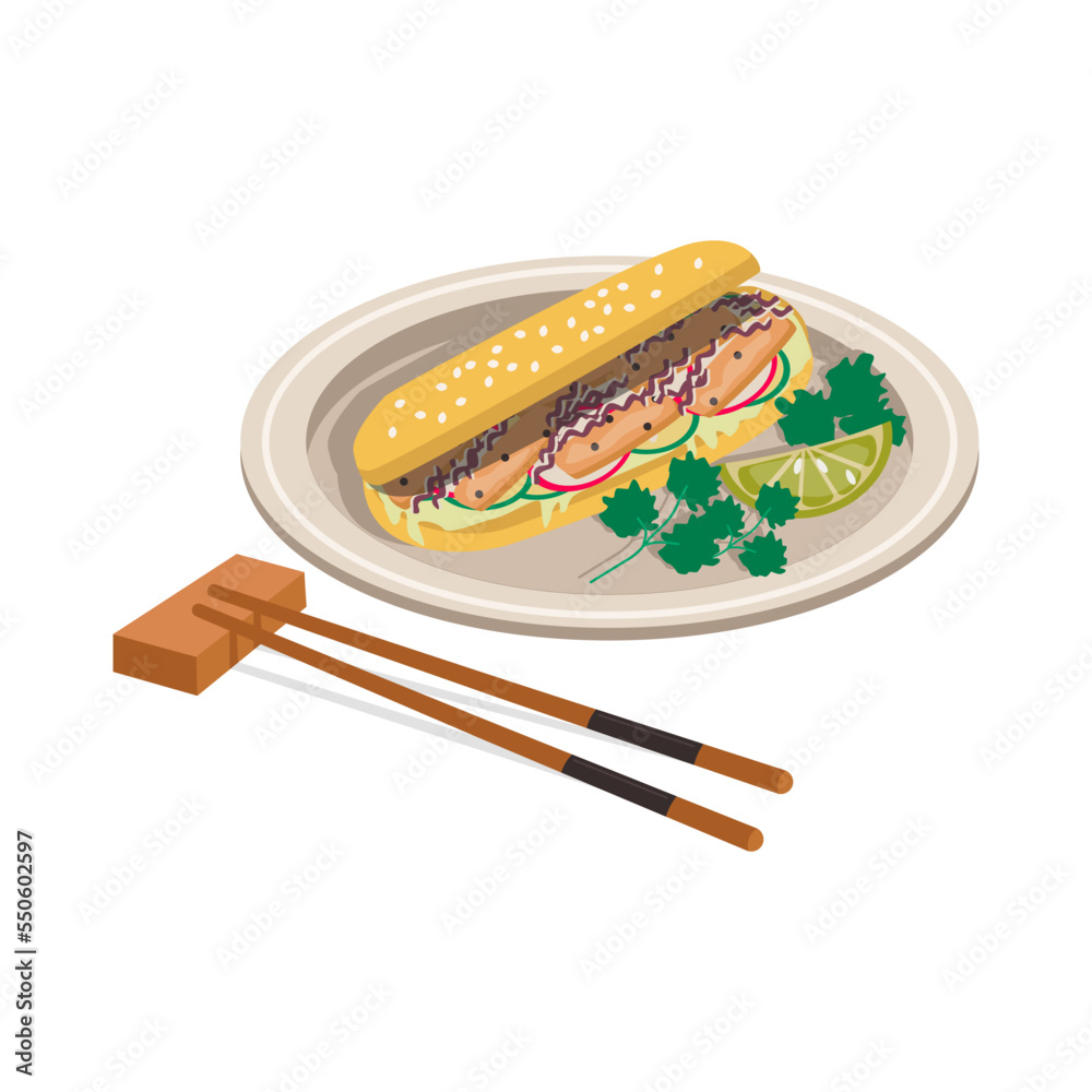 Vietnamese national cuisine. Banh Mi. Baguette with meat and vegetables. Vector graphic.