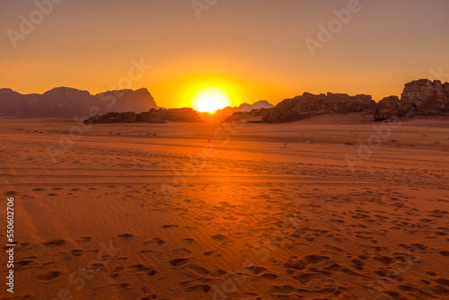 Fototapeta Naklejka Na Ścianę i Meble -  Wadi Rum desert landscape in Jordan at sunset