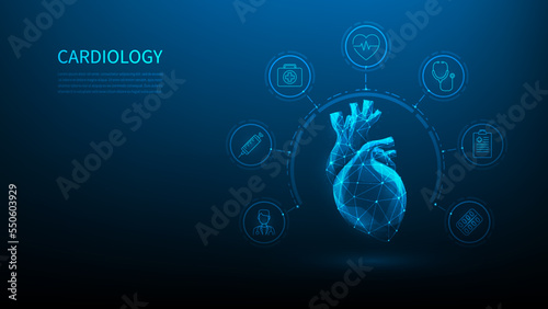cardiology medical health care technology hologram. human heart treatment digital low poly. on dark blue background. innovation medicine with icon concept. vector illustration fantastic wireframe.