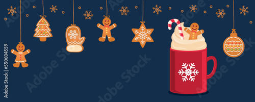 christmas card with hanging gingerbread cookies and cocoa drink