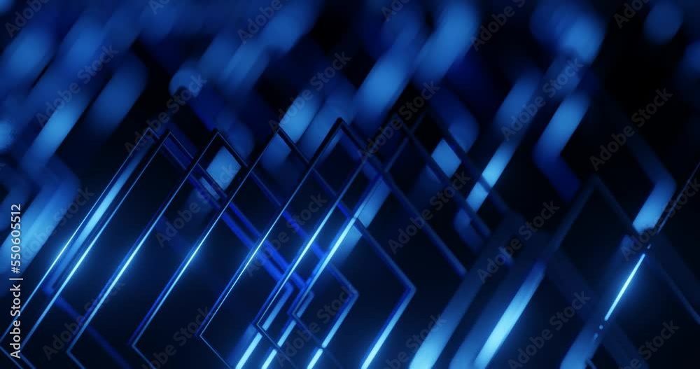3d render with blue square frames with highlights and glow, soft focus