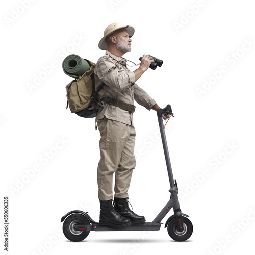 PNG file no background Explorer riding a scooter and holding binoculars photo