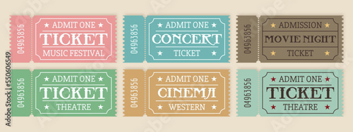 Collection of retro tickets for theater, cinema, concert, festival.