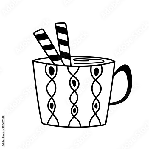 Cute doodle mug. Hand drawn cute mug with straws. Vector cozy hot drink element for decor