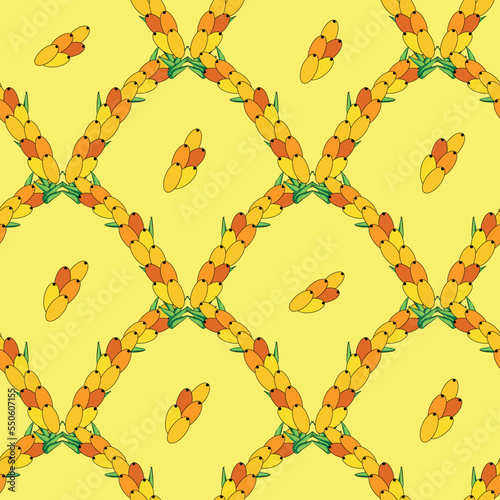 Sea buckthorn seamless pattern. Twigs with berries and leaves. Template with orange fresh berries for wallpaper