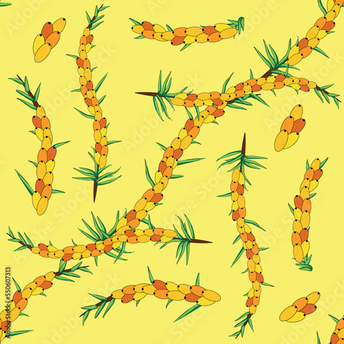 Sea buckthorn seamless pattern. Twigs with berries and leaves. Template with orange fresh berries for wallpaper