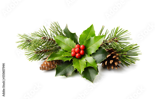 Christmas decoration of holly berry and pine cones. photo