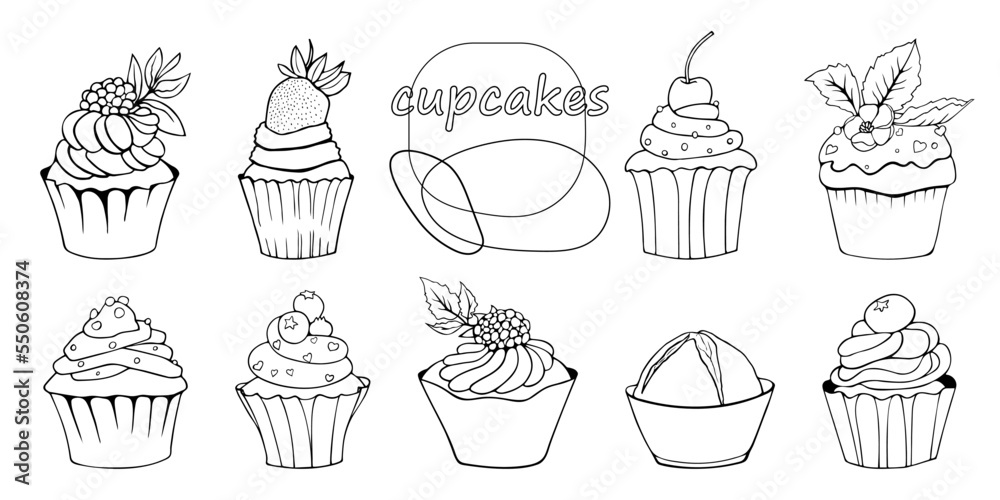 vector set of 9 different hand drawn cupcakes vector set of 9 different hand drawn cupcakes