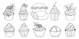 vector set of 9 different hand drawn cupcakes