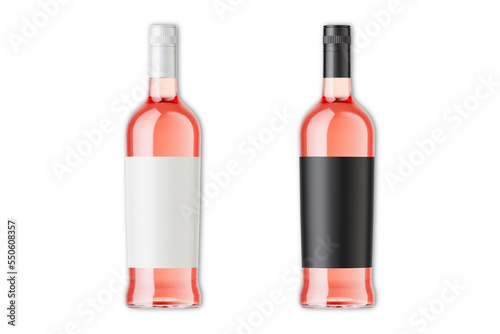 Rose wine bottle with empty label mockup isolated on white background. 3d rendering.