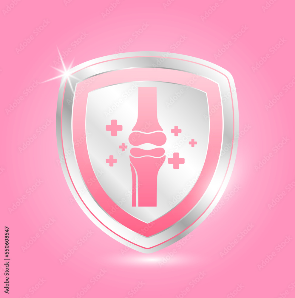 Bone icon inside shield aluminum pink. Protect help heal arthritis knee joint stay healthy. For nutrition product. 3D Vector. Bone icon inside shield aluminum pink. Protect help heal arthritis knee joint stay healthy. For nutrition product. 3D Vector.