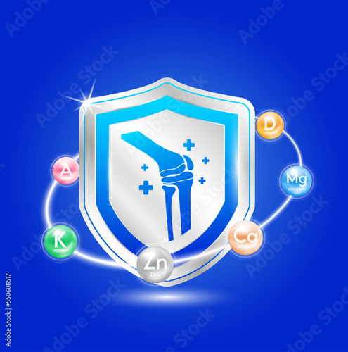 Bone icon inside shield aluminum blue. Mineral calcium, magnesium, zinc, vitamin capsules radius ring surrounds. Protect help heal arthritis knee joint stay healthy. For nutrition product. 3D Vector.