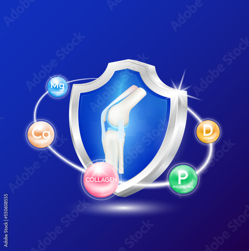 Bone inside shield aluminum blue. Mineral calcium, magnesium collagen and vitamin D radius ring surrounds. Protect help heal arthritis knee joint stay healthy. For nutrition product. 3D Vector.