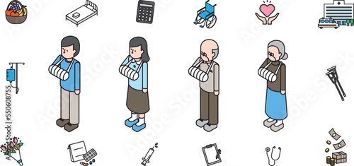 腕を骨折した老若男女のアイソメイラスト