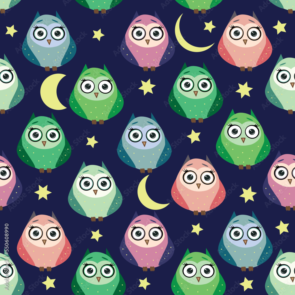 Cute multicolored owls at night with stars, clouds and moon. Seamless pattern in cartoon style, childish seamless pattern, newborn. Cute multicolored owls at night with stars, clouds and moon. Seamless pattern in cartoon style, childish seamless pattern, newborn.