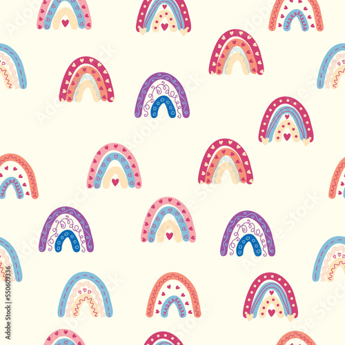 Rainbow seamless pattern in pastel colors. Scandinavian baby hand drawn illustration for textiles and newborn clothes.