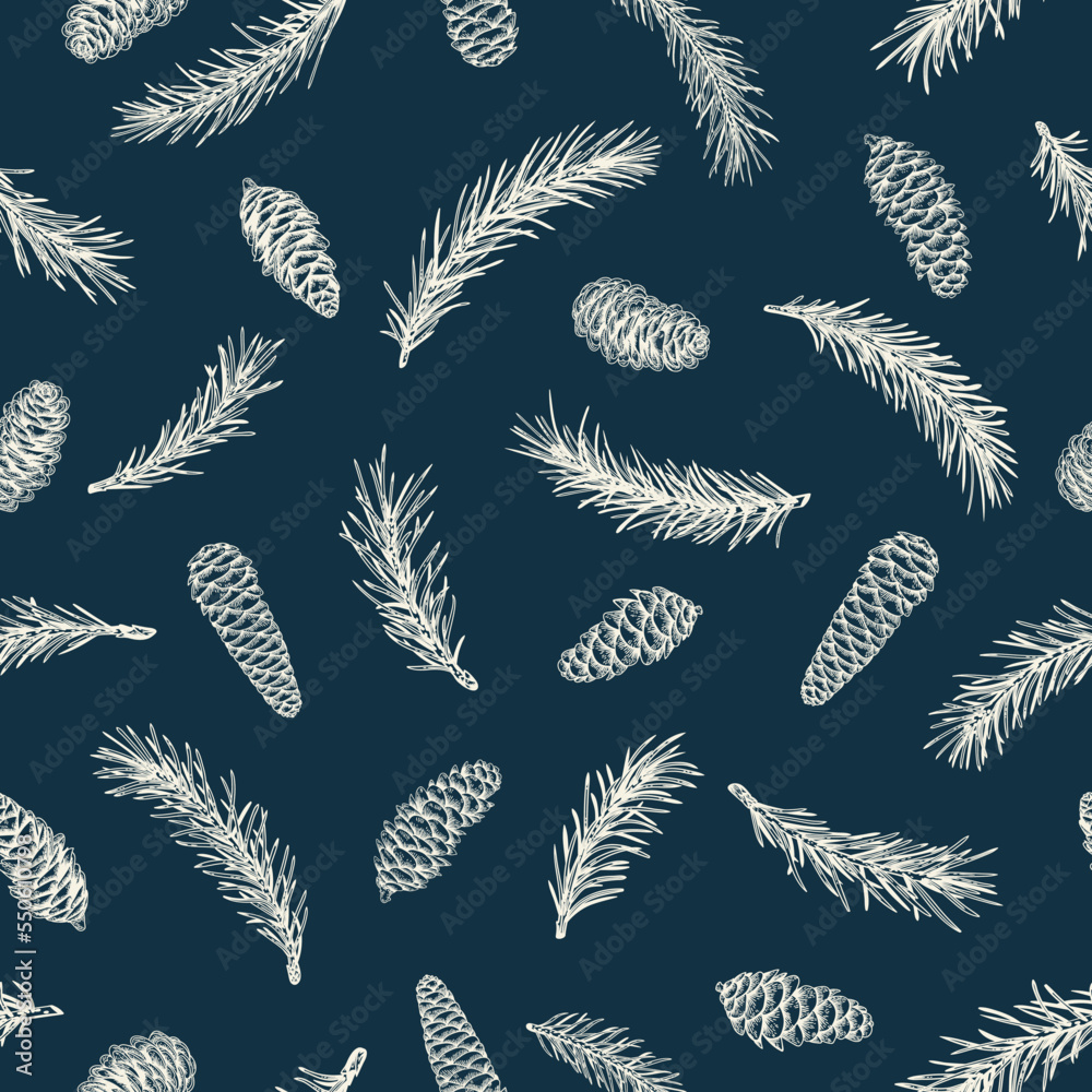 Fototapeta Winter seamless pattern with fir branches and cones. Dark blue and white. Christmas background. Botanical  ornament for packaging, textiles, wallpaper. Vector illustration. Sketch.