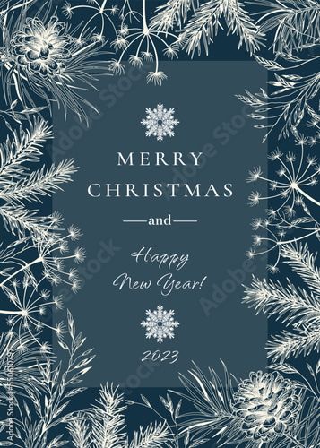 Winter frame with fir and pine branches and cones.  Dark blue background and white pattern. Christmas card with dried grasses.  Botanical vector illustration. Sketch.