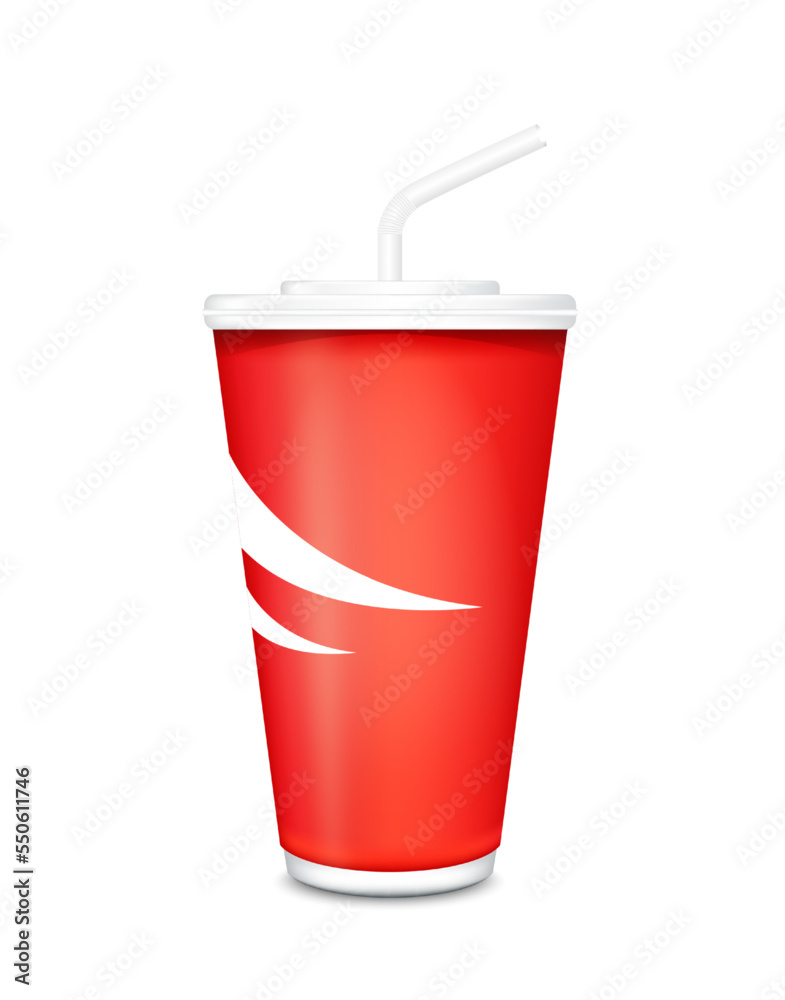 Cola in cup cardboard or paper red and white striped isolated on a white background. Cinema snack or movie food. Realistic 3D Vector illustration. Cola in cup cardboard or paper red and white striped isolated on a white background. Cinema snack or movie food. Realistic 3D Vector illustration.