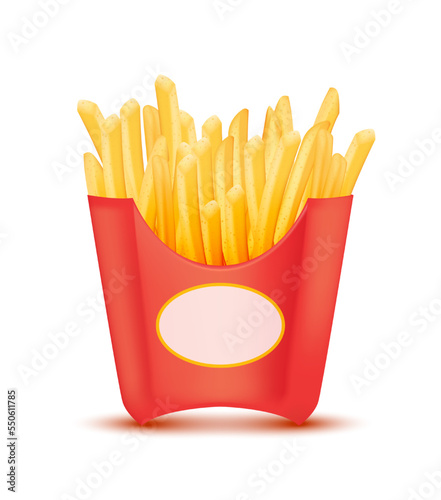 French fried in cardboard or paper buckets red isolated on a white background. Fast food. Realistic 3D Vector illustration.