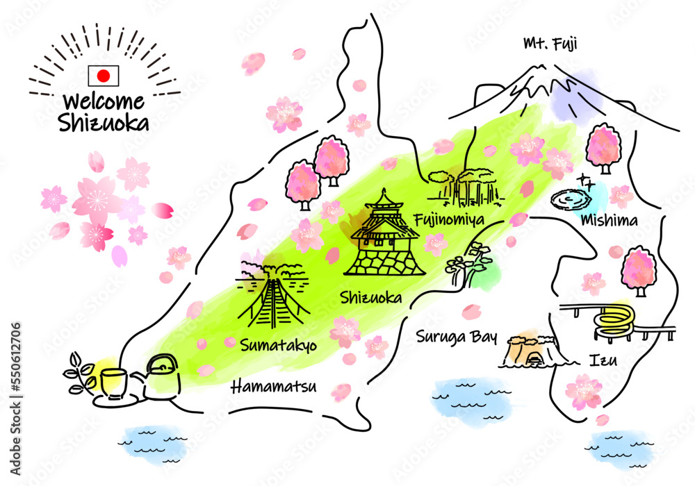 Naklejka premium 春の静岡県の観光地のシンプル線画イラストマップ（緑）