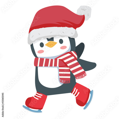 penguin with scarf  ice skating vector © focus_bell