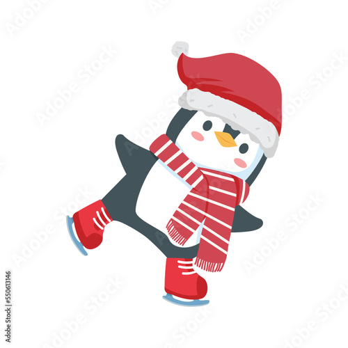 penguin with scarf  ice skating cartoon