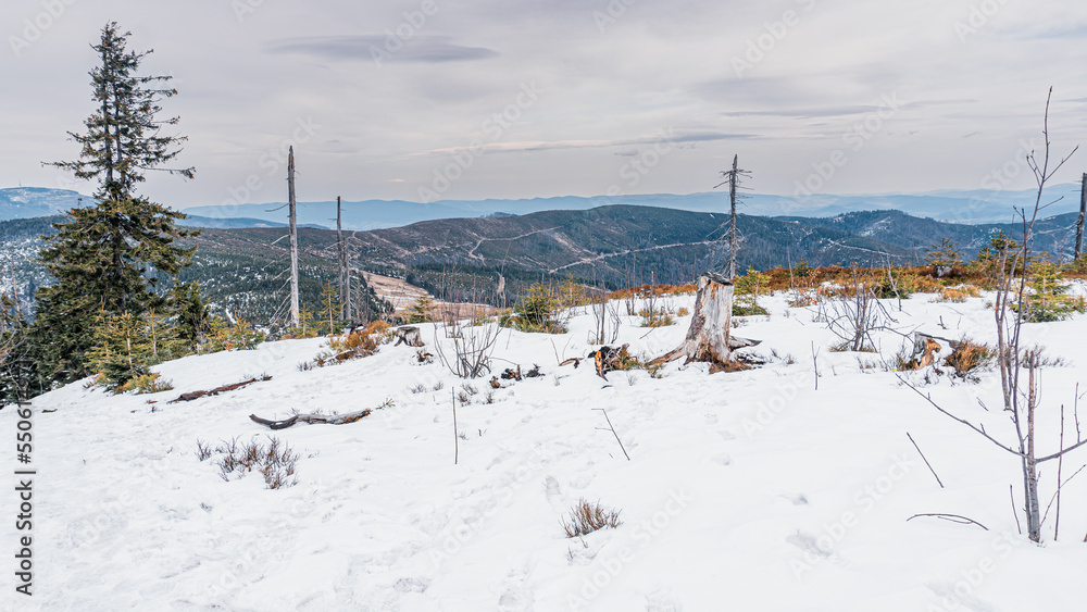 Góry zimą, Beskid Śląski w Polsce widok z Baraniej Góry