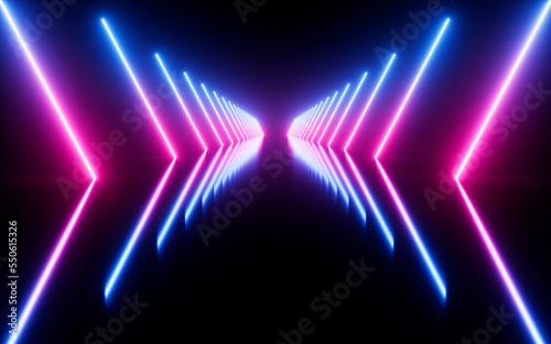 Glowing neon tunnel, Abstract neon lines science fiction background, 3d rendering.