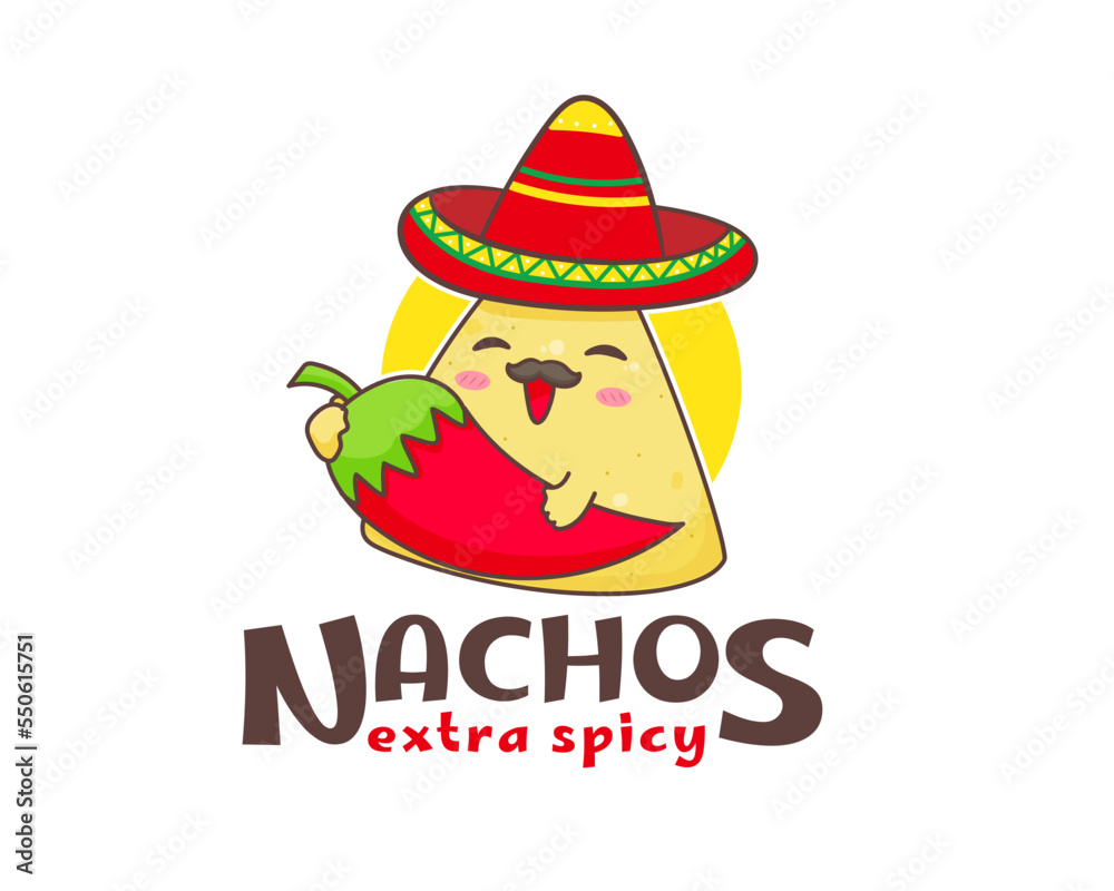 Nachos cartoon logo. Mexican Traditional street food. Cute adorable food character concept. Nachos wear sombrero hat with red chili hot pepper. Vector art illustration Nachos cartoon logo. Mexican Traditional street food. Cute adorable food character concept. Nachos wear sombrero hat with red chili hot pepper. Vector art illustration