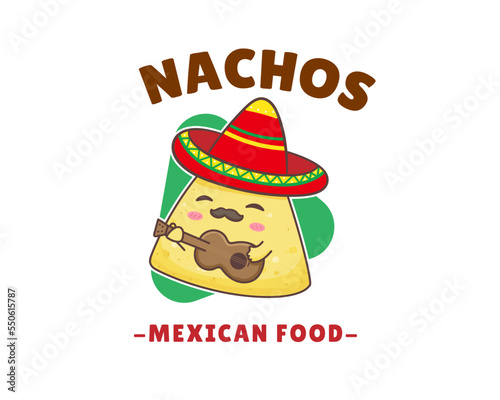 Nachos cartoon logo. Mexican traditional street food. Cute adorable food character concept. Nachos wears sombrero hat playing guitar. Vector art illustration