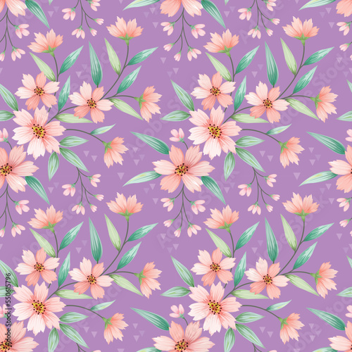 blooming flowers with green leaf on violet color background seamless pattern.