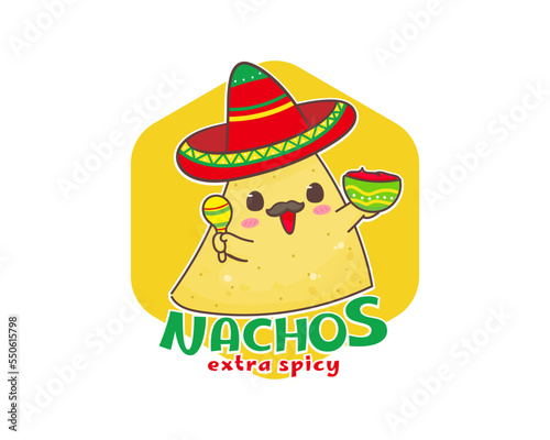 Wallpaper Mural Nachos cartoon logo. Mexican traditional street food. Cute adorable food character concept. Nachos wears sombrero hat playing maracas. Vector art illustration Torontodigital.ca