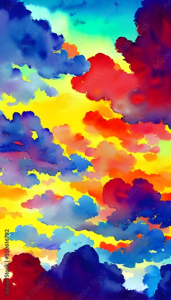 The colorful clouds look like they were painted with a watercolor brush. The sky is a deep blue, and the clouds are various shades of pink, purple, and white. They look fluffy and soft, and seem to be