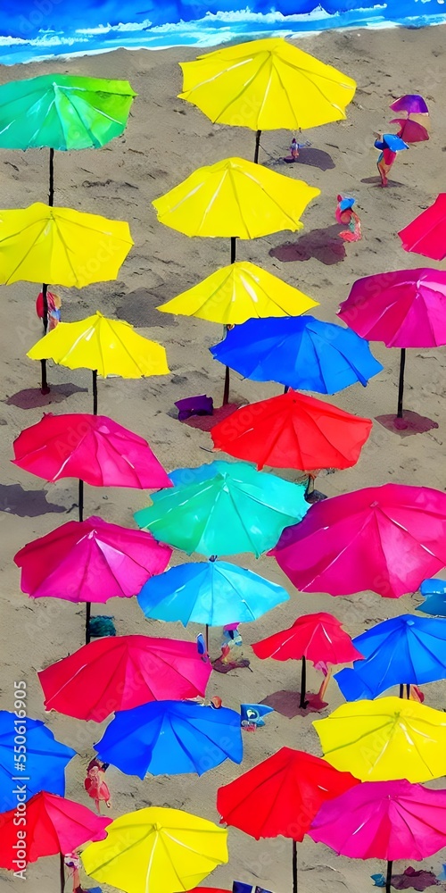 A group of brightly colored beach umbrellas are painted in a watercolor style, set up on the sand near the water's edge. The sea is a deep blue, and there are people walking along the shore.