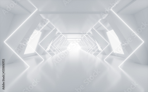 White abstract tunnel with glowing neon lines, 3d rendering.