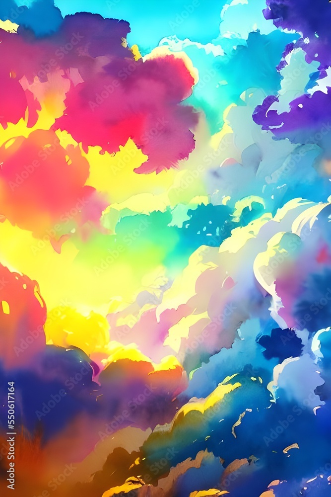 I am looking at a beautiful watercolor painting of some colorful clouds. The sky is a deep blue, and the clouds are white and fluffy. Some of the clouds have hints of pink, purple, and orange. They ar