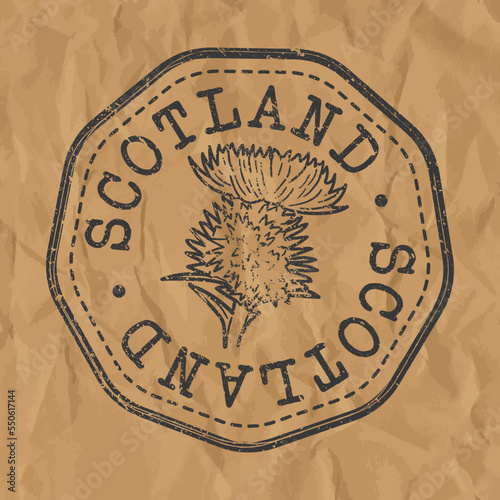 Scotland, UK Stamp Travel Passport. Design Retro Symbol Country. Old Vintage Postmark.