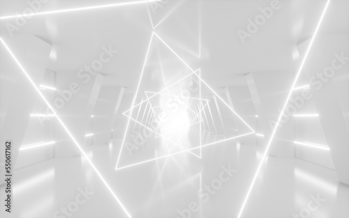 Fototapeta Naklejka Na Ścianę i Meble -  White abstract tunnel with glowing neon lines, 3d rendering.