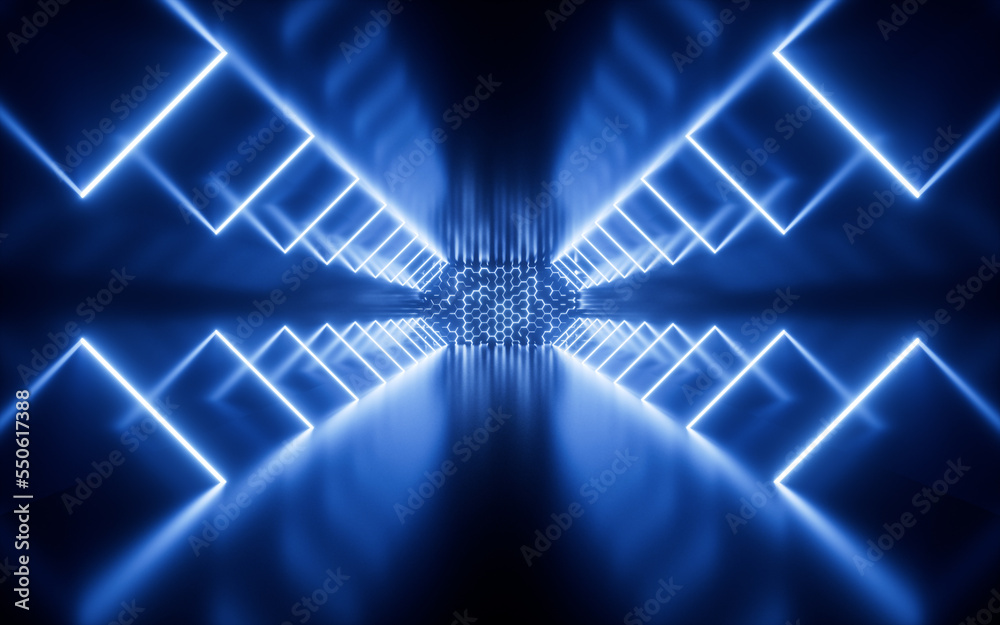 Obraz premium Glowing neon tunnel, Abstract neon lines science fiction background, 3d rendering.