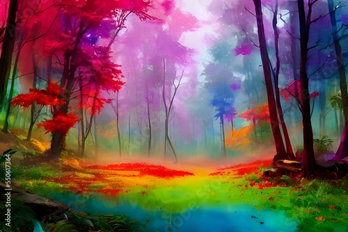 The painting depicts a colorful forest with different hues of greens, blues, and purples. The clearing in the center of the painting has a small waterfall trickling down into a pool below. © dreamyart