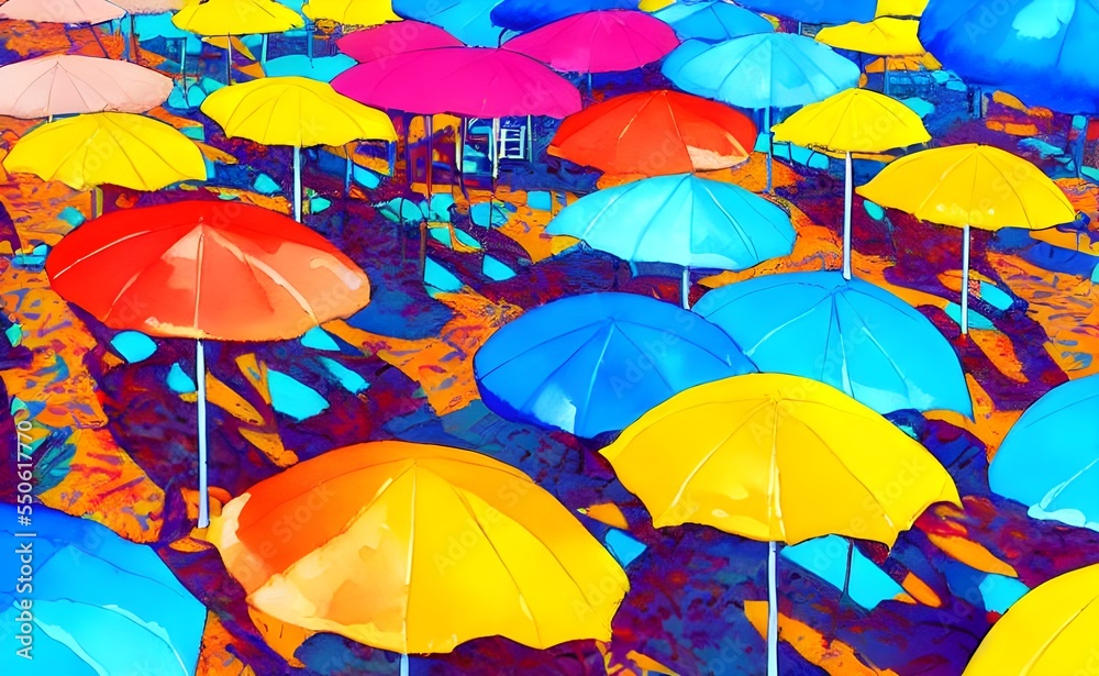 Obraz premium The sky is a deep blue and the sun is a bright orange. The ocean waves are crashing against the shore, and in the distance, there are colorful beach umbrellas watercolor.