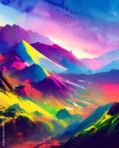 This watercolor painting shows some mountains that are very colorful. They might be covered in snow, or they could just have a lot of different colors on them. The background is all blue, and the moun photo