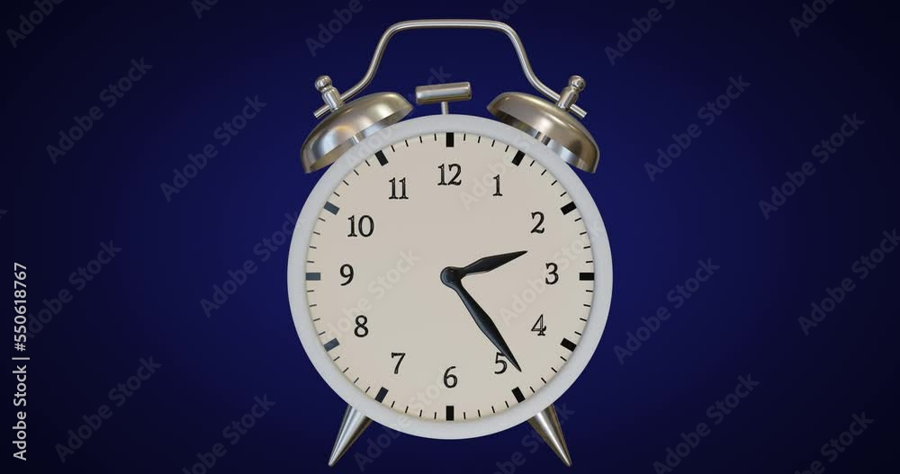 White alarm clock with rotating hands on the dial. Blue background. VJ loop. Alpha channel. 3d rendering White alarm clock with rotating hands on the dial. Blue background. VJ loop. Alpha channel. 3d rendering